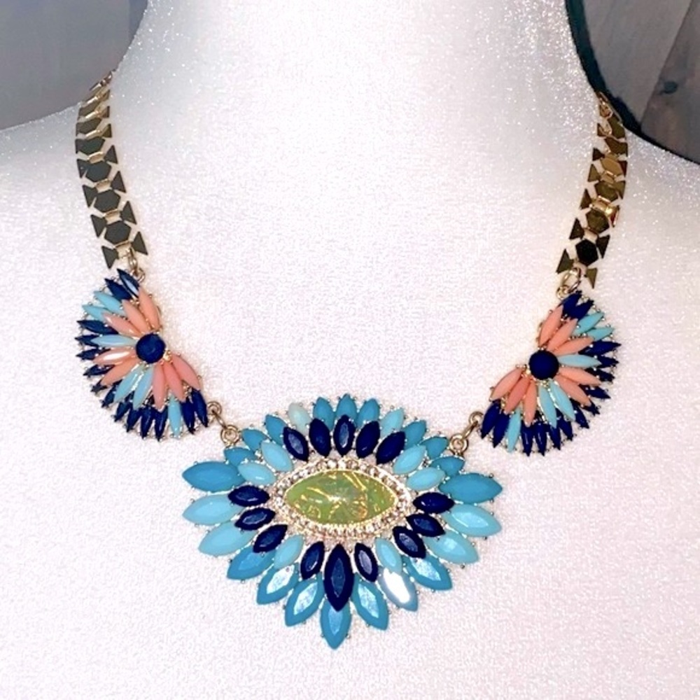 NEW! Mika Statement Necklace Unique Faux Gemstones Boutique Style Gold Tone